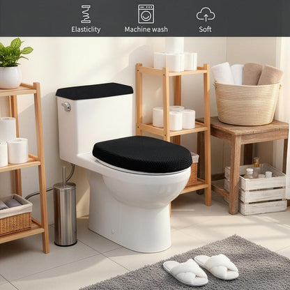 Universal Black Polyester Toilet Lid and Tank Cover Set with Elastic Bottom, Easy Maintenance, Stain Protection, Fabric Cover for Toilet Top and Back of Tank Replacement