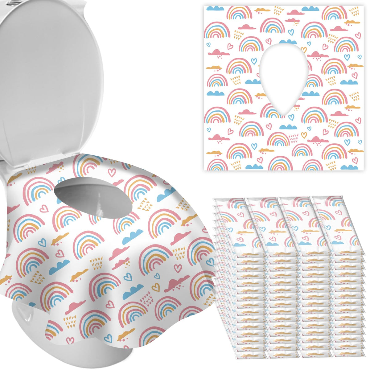 DEEKI 40 Pack Toilet Seat Covers Disposable, Safe No-Slip Waterproof for Kids Toddlers Use in Potty Training Public Restrooms Toilets, Portable Clean Covers for Adults Travel -Rainbow (40 Count)