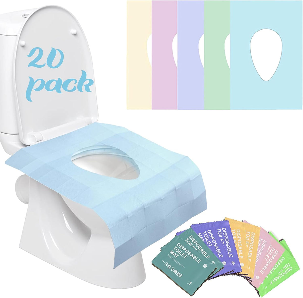 YOUNGTIME Toilet Seat Covers Disposable 20 Pack, Faster use-Sticker Free XL Waterproof Toilet Seat Cover for Adults and Kids Potty Training,Travel Accessories for Public Restrooms,Airplane(Colorful)
