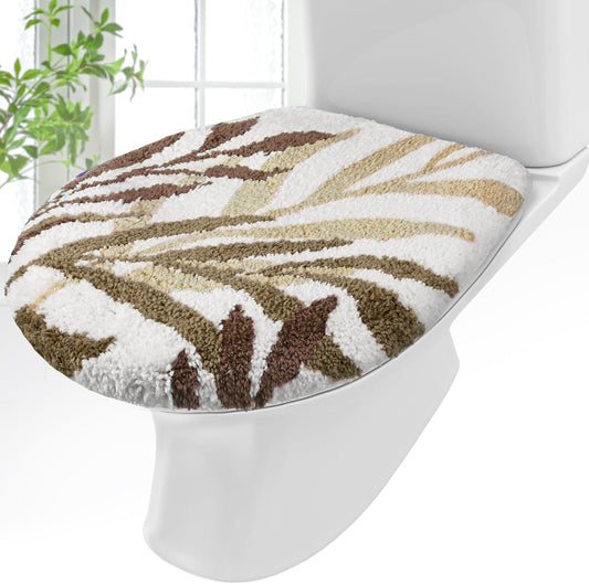 Mindsoft Brown Leaves Toilet Seat Covers Bathroom Toilet Lid Cover Soft Microfiber 17.5'' x 15'' Plush Tufted, Machine Washable, Adjustable Rubber Backing Fits Most Round Elongated Oblong Lids