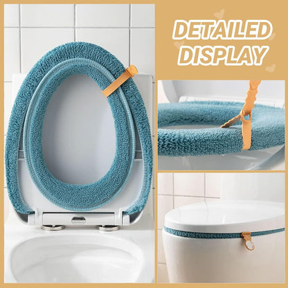Soft Warm Cushioned Toilet Seat Cover Thicker Bathroom Toilet Seat Cover Pads Stretchable Washable Fiber Cloth Reusable Easy-Install Toilet Lid Seat Cover (azure with Handle)