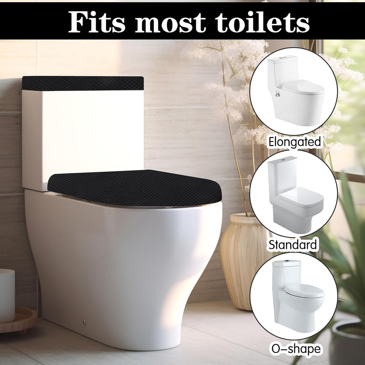 Universal Black Polyester Toilet Lid and Tank Cover Set with Elastic Bottom, Easy Maintenance, Stain Protection, Fabric Cover for Toilet Top and Back of Tank Replacement