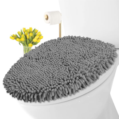 LuxUrux Premium Chenille Microfiber Toilet Lid Cover, Soft Plush Toilet Seat Cover Set for Bathroom, Non-Slip Stretch Fit, Machine Washable, Fits Standard & Elongated Toilet Seat Lid (Light Gray)