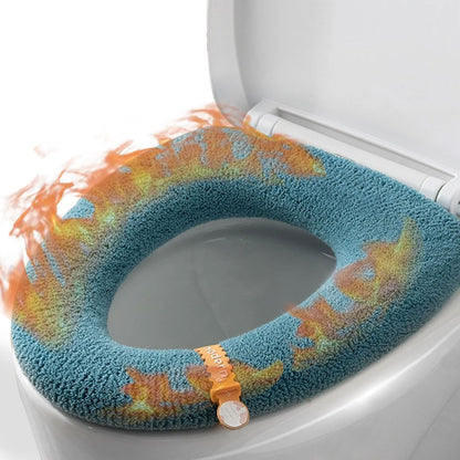 Soft Warm Cushioned Toilet Seat Cover Thicker Bathroom Toilet Seat Cover Pads Stretchable Washable Fiber Cloth Reusable Easy-Install Toilet Lid Seat Cover (azure with Handle)