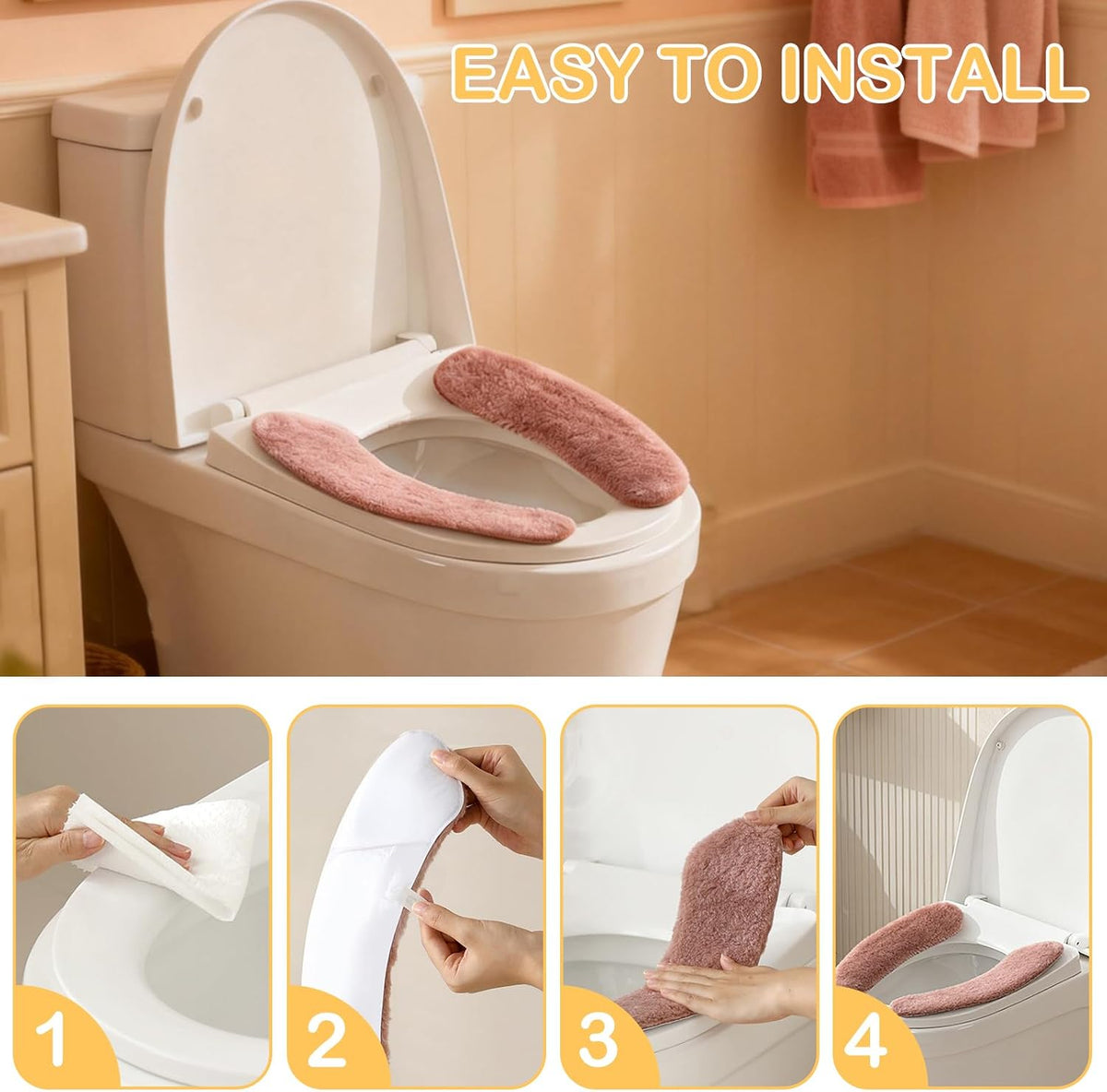 Plush Toilet Seat Cover Pads - Washable Warm Cushion, Soft Bathroom Warmer Mat - Universal Self Adhesive Design (White)