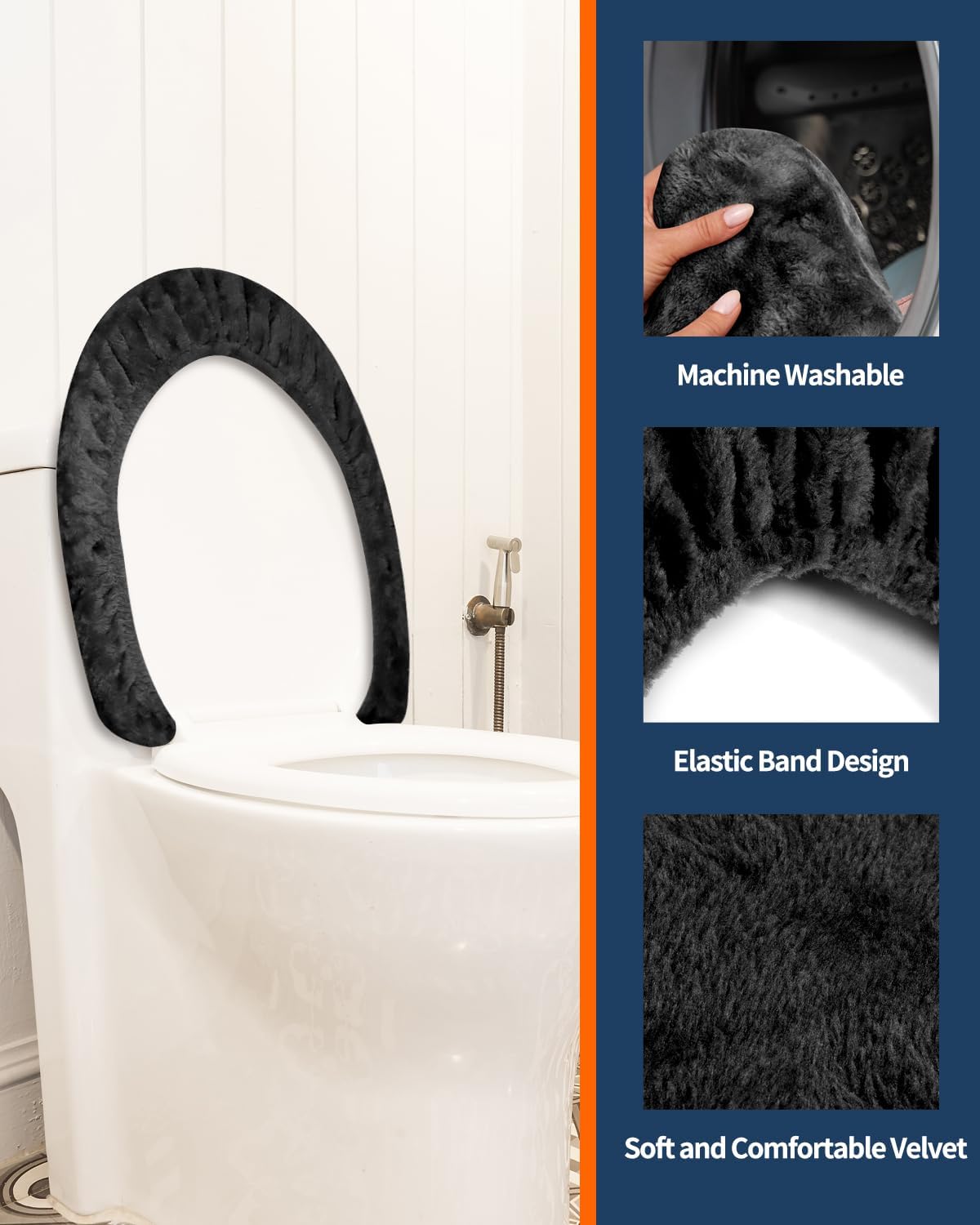 Microfiber Toilet Lid Cover, Soft Velvet Toilet Cover; Absorbent, Machine Washable, Comfortable Adjustable Toilet Seat Cover Fits Most Toilet Lids (Black)