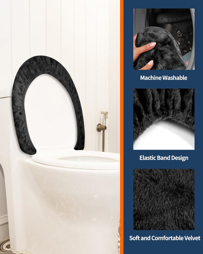 Microfiber Toilet Lid Cover, Soft Velvet Toilet Cover; Absorbent, Machine Washable, Comfortable Adjustable Toilet Seat Cover Fits Most Toilet Lids (Black)