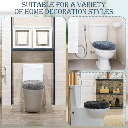 Kingdder 3 Pcs Toilet Lid Cover for Bathroom, Machine Washable, Plush Shag Seat Covers, Dries Quickly, Soft Fluffy Fabric 17.7 x 19.7 Fits Standard Toilet Lids, Elastic Bathroom Decor, 2 Gray, 1 Black