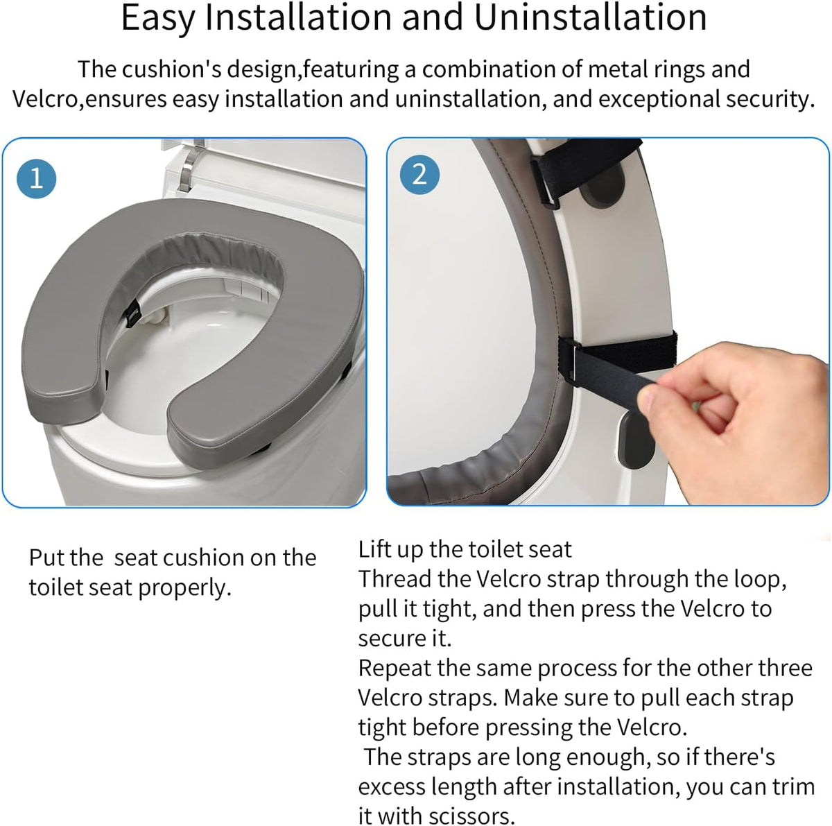 Padded Toilet Seat Cushion with 2-Inch High-Density Foam & Waterproof PU Fabric, U-Shape Padded Toilet Cushion - Secure Hook & Loop Tape, Fits Standard Toilets (Grey)