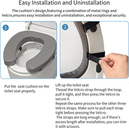 Padded Toilet Seat Cushion with 2-Inch High-Density Foam & Waterproof PU Fabric, U-Shape Padded Toilet Cushion - Secure Hook & Loop Tape, Fits Standard Toilets (Grey)