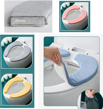 1 Pair Soft Toilet Seat Covers Plush Thick Fabric Toilet Seat Warmer Waterproof self-adhesive Reusable Machine-Washable Universal for All Types of Toilets Bathroom (Grey)