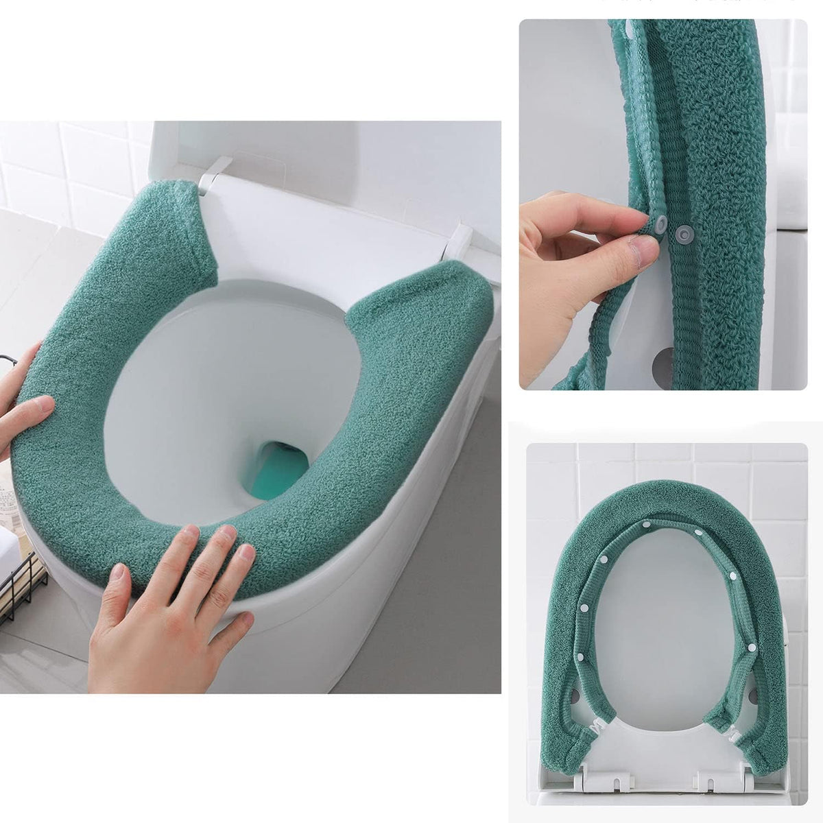 3Pack Toilet Seat Cover,Bathroom Soft Thicker Warmer with Snaps Fixed Stretchable Washable Fiber Cloth Toilet Seat Covers Pads (Gray,Pink,Green)