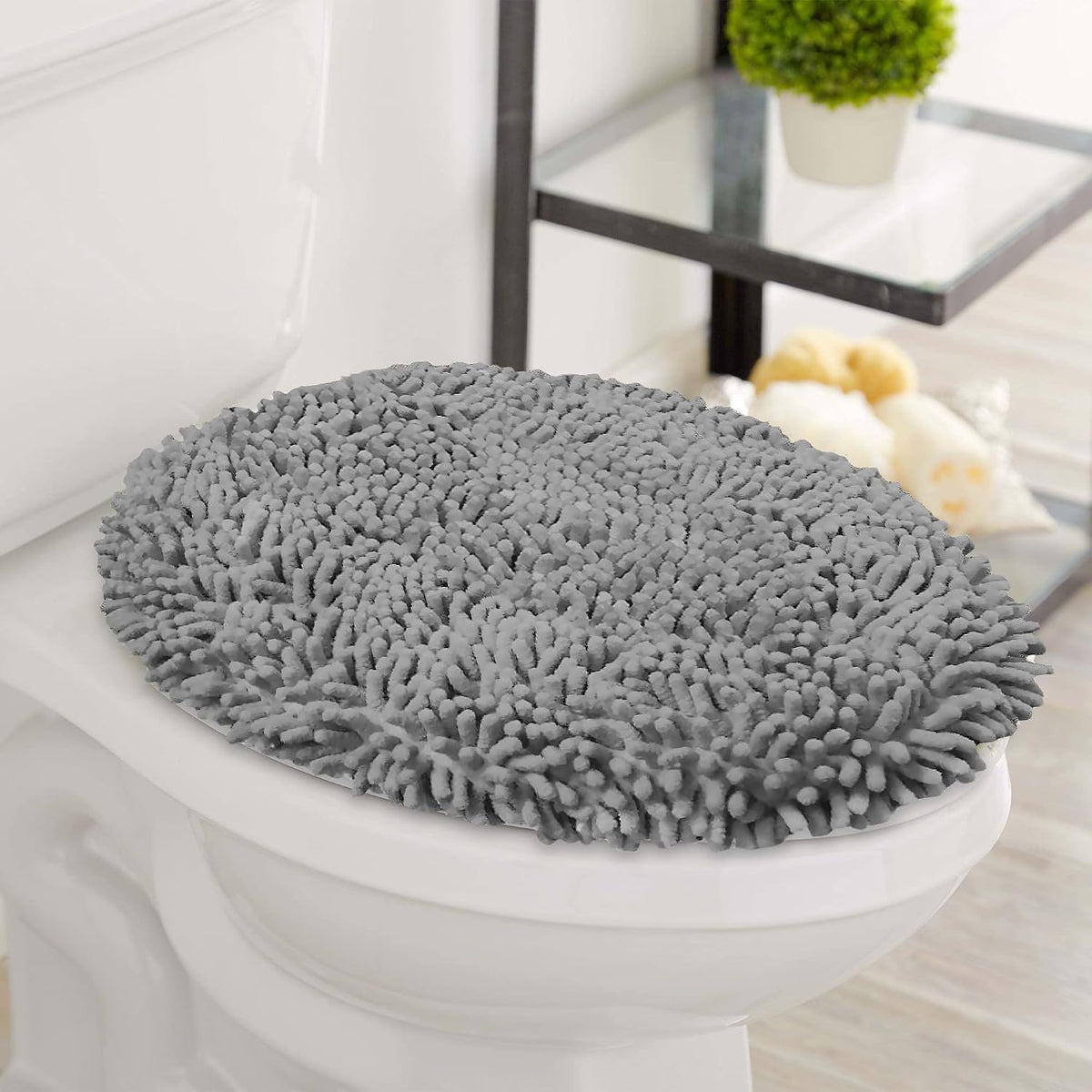LuxUrux Premium Chenille Microfiber Toilet Lid Cover, Soft Plush Toilet Seat Cover Set for Bathroom, Non-Slip Stretch Fit, Machine Washable, Fits Standard & Elongated Toilet Seat Lid (Light Gray)