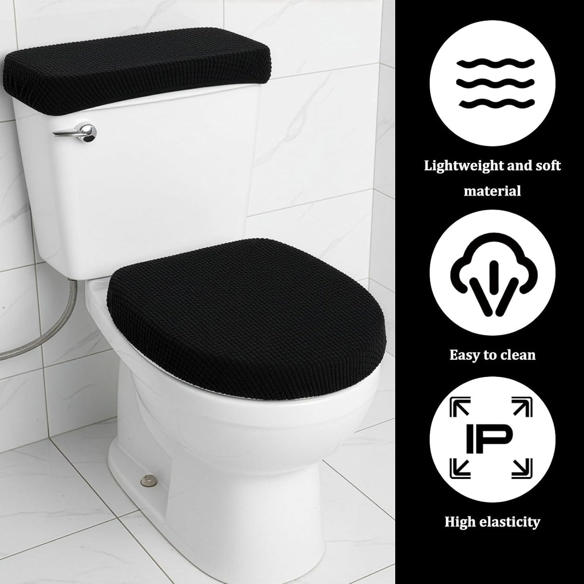 Universal Black Polyester Toilet Lid and Tank Cover Set with Elastic Bottom, Easy Maintenance, Stain Protection, Fabric Cover for Toilet Top and Back of Tank Replacement