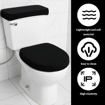 Universal Black Polyester Toilet Lid and Tank Cover Set with Elastic Bottom, Easy Maintenance, Stain Protection, Fabric Cover for Toilet Top and Back of Tank Replacement