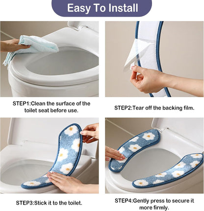 Thick and Warm Toilet Seat Cover – Washable, Reusable Cushion with TPR Adhesive & Floral Pattern for Comfort & Insulation (Blue)