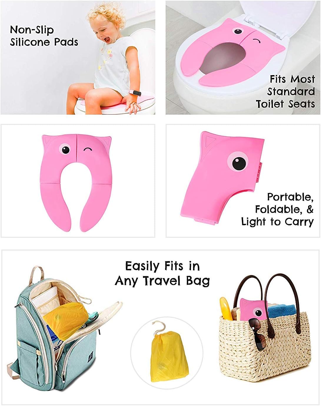 Toilet Potty Training Seat Cover, Travel Toilet Seat, Folding Non Slip Silicone Pads, Travel Portable Reusable Kids Toddlers Boys Girls, Carry Bag (Pink)
