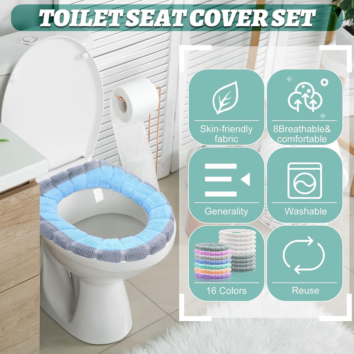 Reginary 16 Pcs Thicker Toilet Seat Cover Pads Bathroom Soft Toilet Seat Warmer Stretchable Washable Fibre Cloth Toilet Seat Cushion Cover Toilet Seat Cover, Easy Installation
