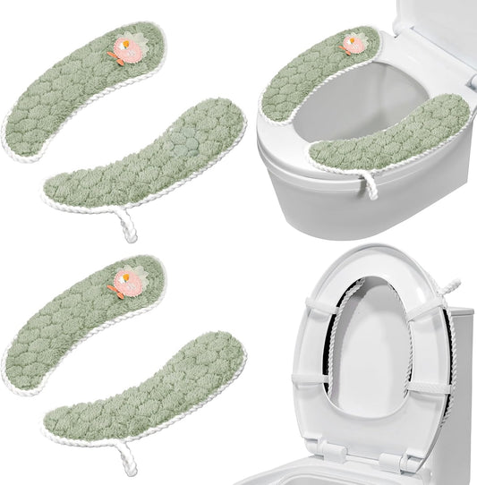 Toilet Seat Cover Bathroom Toilet Seat Cushion Toilet Seat Warmer with Handle, Washable and Reusable Toilet Seat Pads for Winter, Fits All Toilet Seats, 2 Pairs, Green