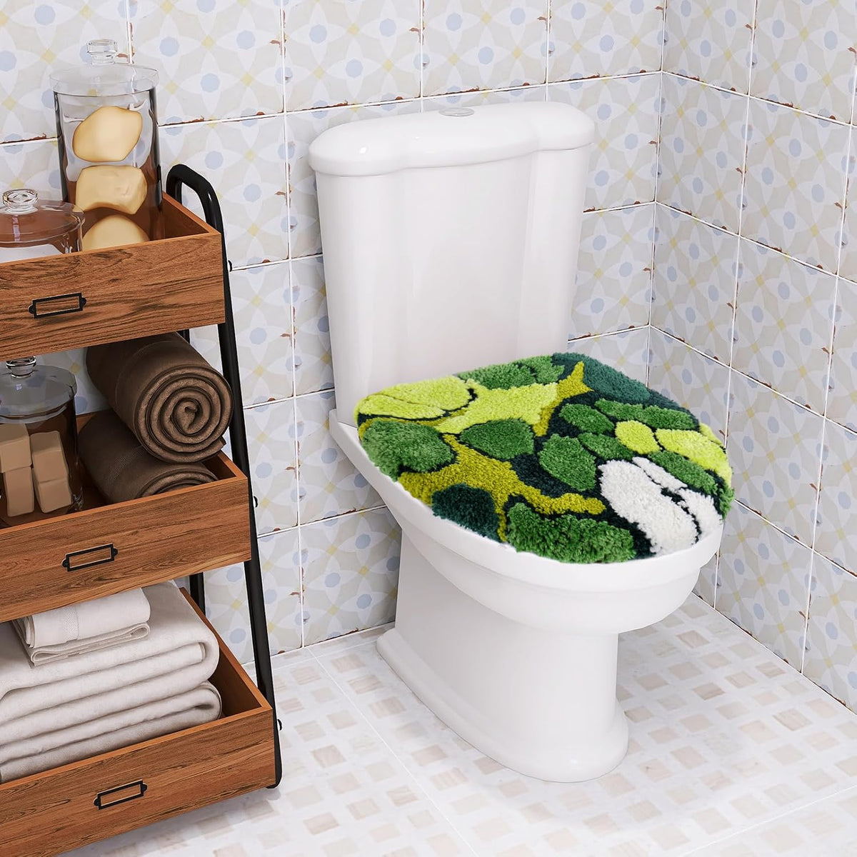 FYSUIMU Green Moss Toilet Seat Cover Soft Absorbent Plush Tufted Toilet Lid Cover Adjustable Washable Rubber Backing Covers for Luxury Home Hotel Bathroom Decoration