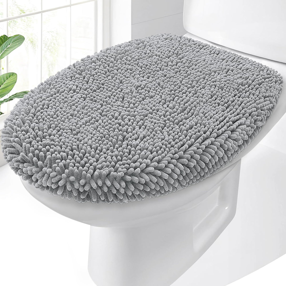 OLANLY Soft Chenille Bathroom Toilet Lid Cover, 17.5x15, Gray