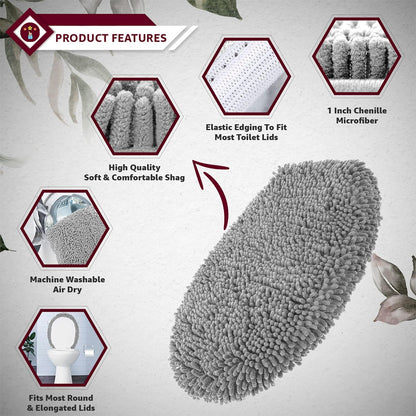 LuxUrux Premium Chenille Microfiber Toilet Lid Cover, Soft Plush Toilet Seat Cover Set for Bathroom, Non-Slip Stretch Fit, Machine Washable, Fits Standard & Elongated Toilet Seat Lid (Light Gray)