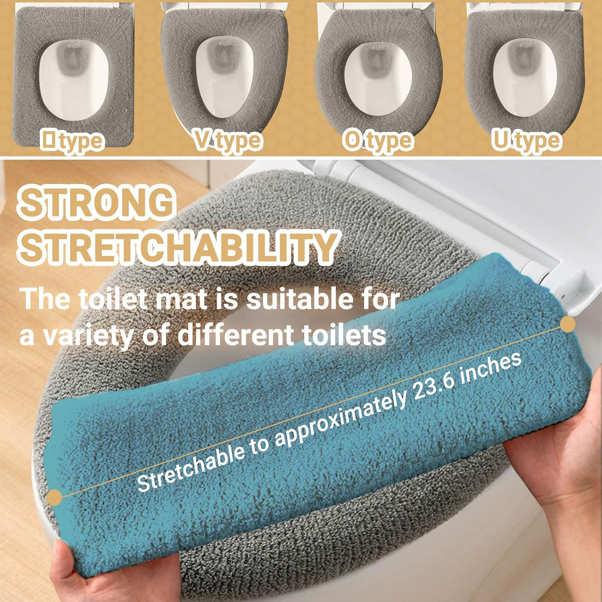 Soft Warm Cushioned Toilet Seat Cover Thicker Bathroom Toilet Seat Cover Pads Stretchable Washable Fiber Cloth Reusable Easy-Install Toilet Lid Seat Cover (azure with Handle)