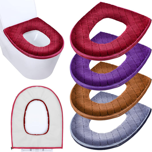 Riakrum 4 Pcs Toilet Seat Covers Warmer,Modern,Gray, Violet, Red, Brown | Comfortable Toilet Seat Cushion Cover, Soft Thicker Warmer Washable Pad with Zipper, Home Reusable Bulk