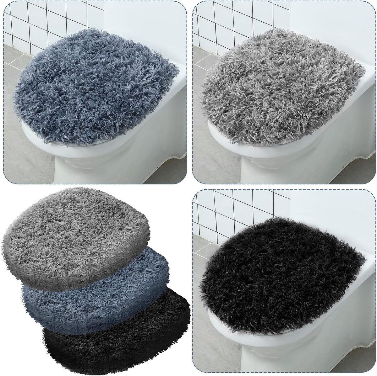 Kingdder 3 Pcs Toilet Lid Cover for Bathroom, Machine Washable, Plush Shag Seat Covers, Dries Quickly, Soft Fluffy Fabric 17.7 x 19.7 Fits Standard Toilet Lids, Elastic Bathroom Decor, 2 Gray, 1 Black