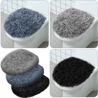 Kingdder 3 Pcs Toilet Lid Cover for Bathroom, Machine Washable, Plush Shag Seat Covers, Dries Quickly, Soft Fluffy Fabric 17.7 x 19.7 Fits Standard Toilet Lids, Elastic Bathroom Decor, 2 Gray, 1 Black