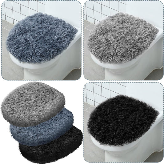 Kingdder 3 Pcs Toilet Lid Cover for Bathroom, Machine Washable, Plush Shag Seat Covers, Dries Quickly, Soft Fluffy Fabric 17.7 x 19.7 Fits Standard Toilet Lids, Elastic Bathroom Decor, 2 Gray, 1 Black