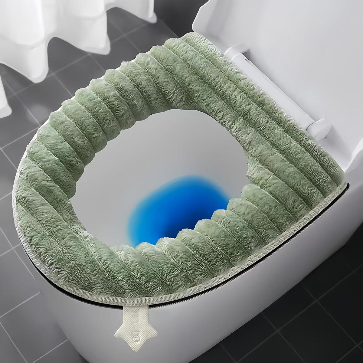 Toilet Seat Warmer Cover,Bathroom Soft Thicker Warmer with Zipper Snaps Fixed Stretchable Washable Fiber Cloth Toilet Seat Covers Pads Easy Installation& Cleaning (Green)