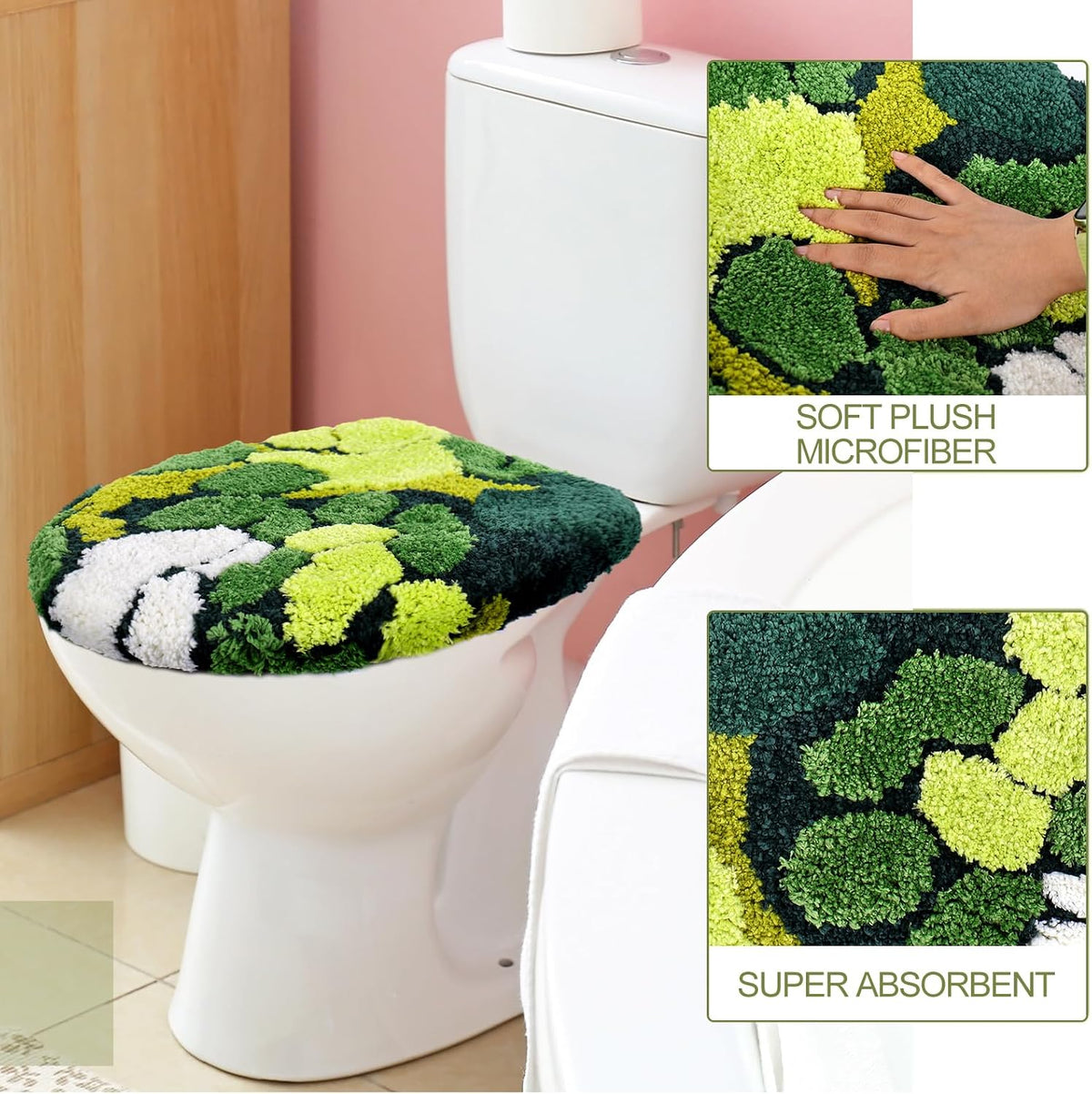 FYSUIMU Green Moss Toilet Seat Cover Soft Absorbent Plush Tufted Toilet Lid Cover Adjustable Washable Rubber Backing Covers for Luxury Home Hotel Bathroom Decoration