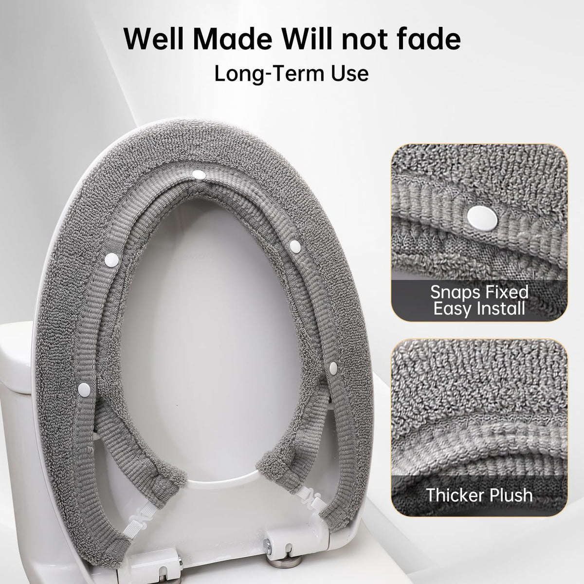 Toilet Seat Cover with Snaps Fixed,Thick Warmer,Machine Washable(grey)