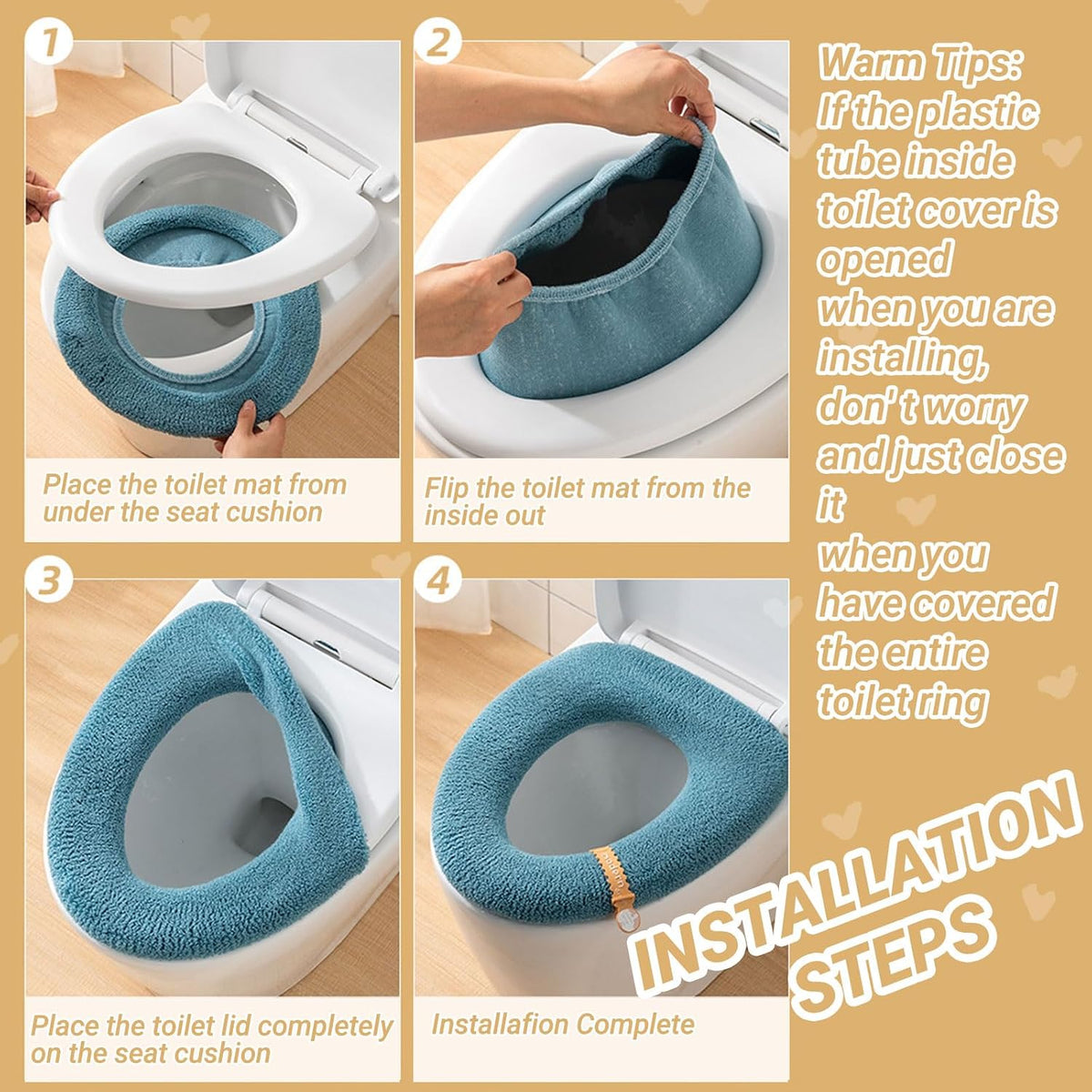 Soft Warm Cushioned Toilet Seat Cover Thicker Bathroom Toilet Seat Cover Pads Stretchable Washable Fiber Cloth Reusable Easy-Install Toilet Lid Seat Cover (azure with Handle)