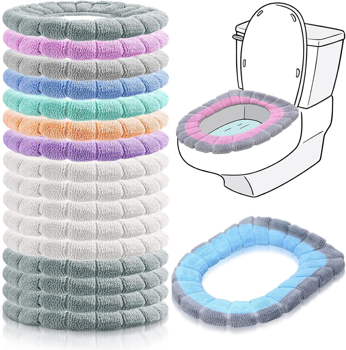 Reginary 16 Pcs Thicker Toilet Seat Cover Pads Bathroom Soft Toilet Seat Warmer Stretchable Washable Fibre Cloth Toilet Seat Cushion Cover Toilet Seat Cover, Easy Installation