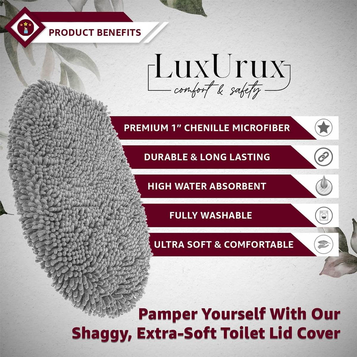 LuxUrux Premium Chenille Microfiber Toilet Lid Cover, Soft Plush Toilet Seat Cover Set for Bathroom, Non-Slip Stretch Fit, Machine Washable, Fits Standard & Elongated Toilet Seat Lid (Light Gray)