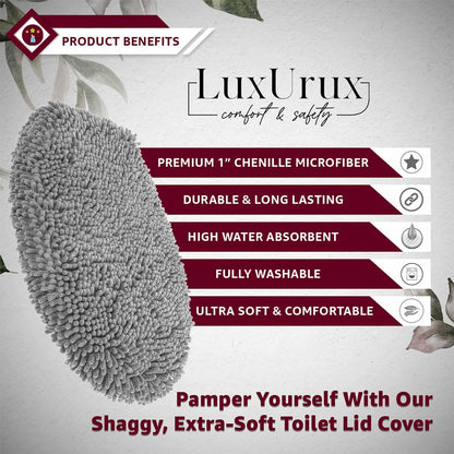 LuxUrux Premium Chenille Microfiber Toilet Lid Cover, Soft Plush Toilet Seat Cover Set for Bathroom, Non-Slip Stretch Fit, Machine Washable, Fits Standard & Elongated Toilet Seat Lid (Light Gray)