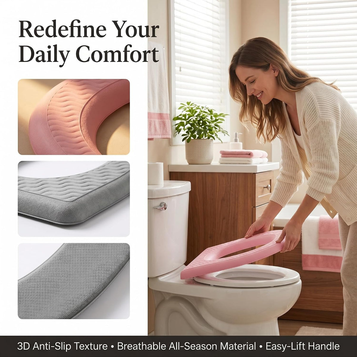 Waterproof Toilet Seat Cushion, 2026 New Toilet Seat Cover Pads - Soft Reusable EVA Cushion with Non-Slip Velcro. Universal, Washable & Portable for Home, Travel, Seniors Comfort. (Pink+Gray)