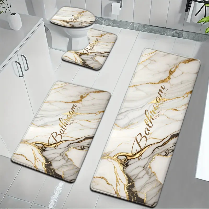 [Bathroom Mat Set] 3pcs/4pcs Golden White Marble pattern printing Bathroom Mat Set |   U-shaped Toilet Seat Cover non-slip laundry room mat living space