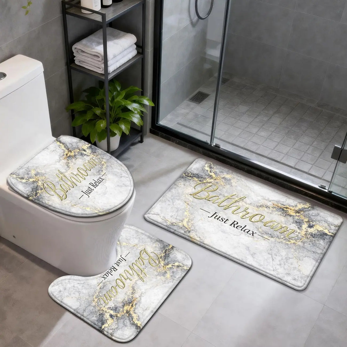 [Bathroom Mat Set] 3pcs/4pcs Golden White Marble pattern printing Bathroom Mat Set |   U-shaped Toilet Seat Cover non-slip laundry room mat living space