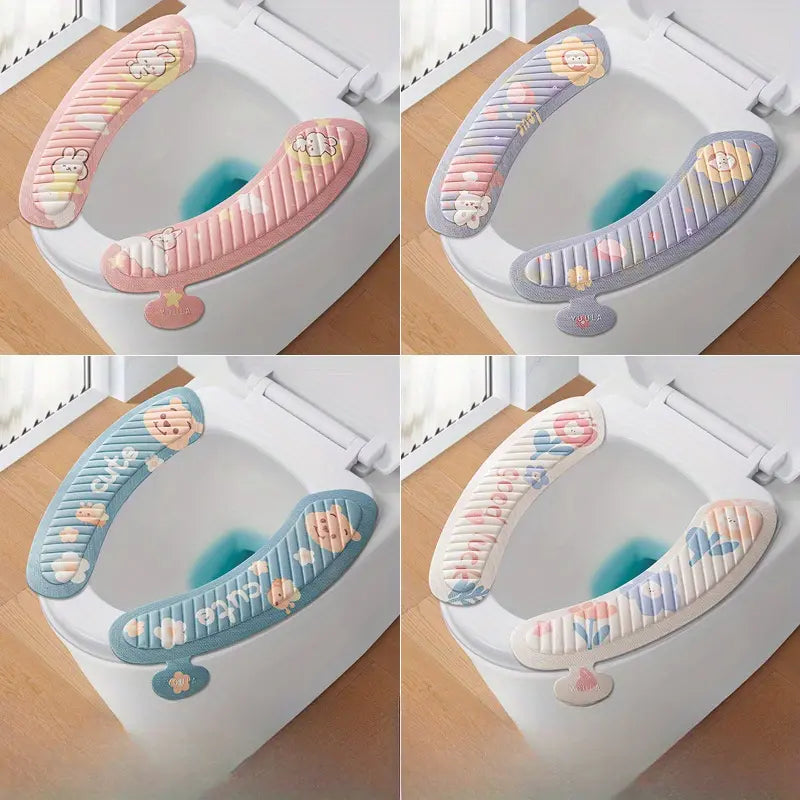 Two Piece Toilet Seat Set Is A Must-Have For Household Use! Four Season Universal Cartoon EVA Washable Toilet Seat Cushion, Adhesive Waterproof Toilet Cover Super Practical