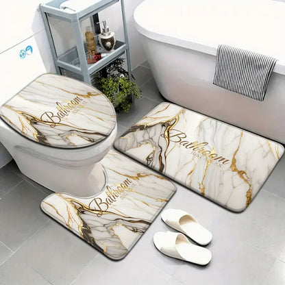 [Bathroom Mat Set] 3pcs/4pcs Golden White Marble pattern printing Bathroom Mat Set |   U-shaped Toilet Seat Cover non-slip laundry room mat living space