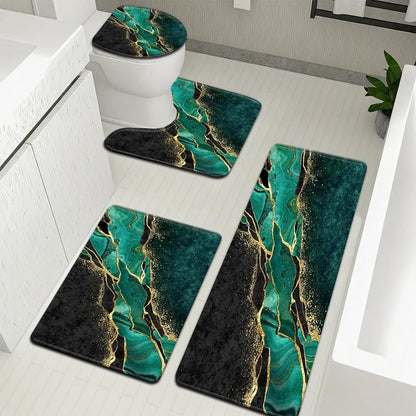 [Bathroom Mat Set] 3pcs/4pcs Golden White Marble pattern printing Bathroom Mat Set |   U-shaped Toilet Seat Cover non-slip laundry room mat living space