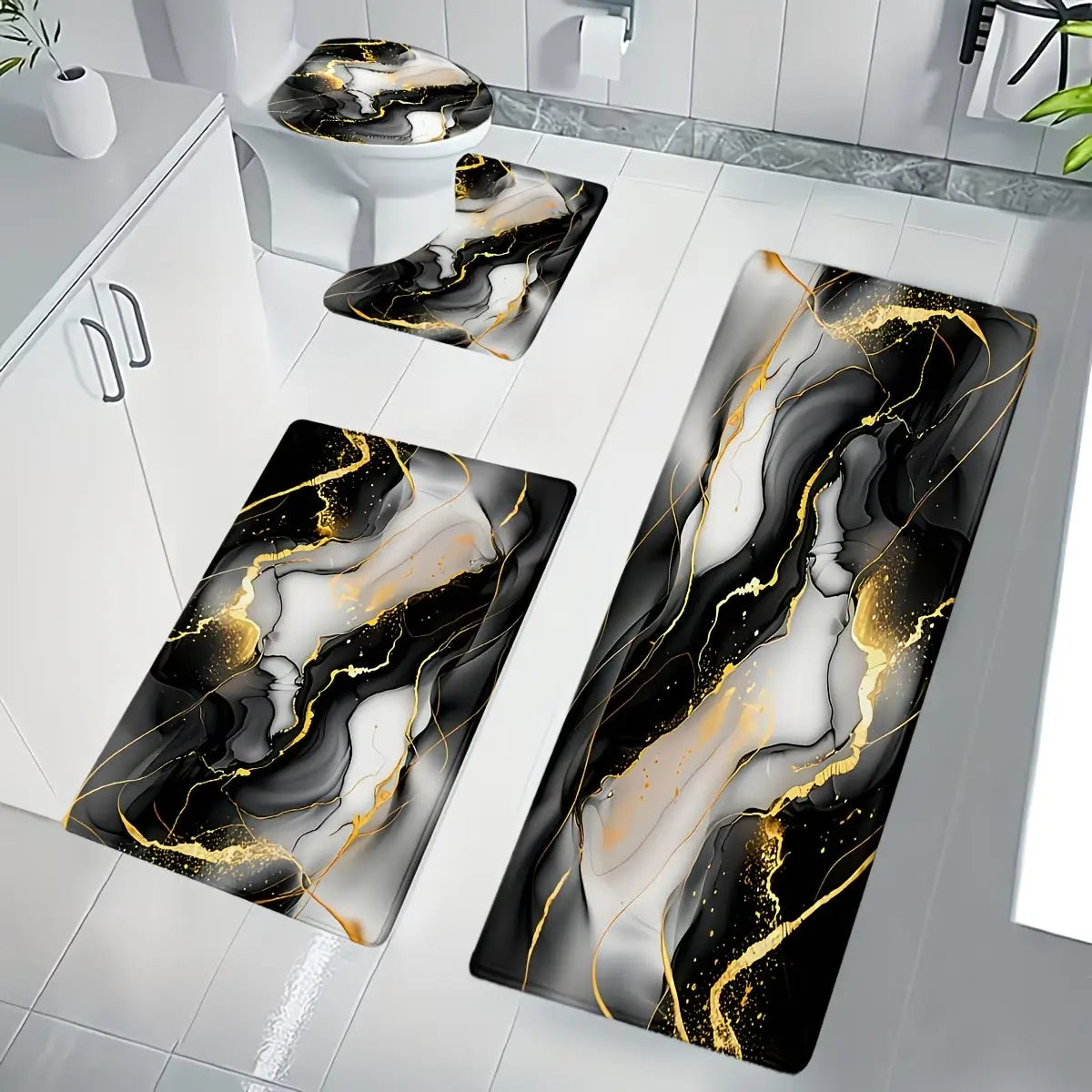 [Bathroom Mat Set] 3pcs/4pcs Golden White Marble pattern printing Bathroom Mat Set |   U-shaped Toilet Seat Cover non-slip laundry room mat living space