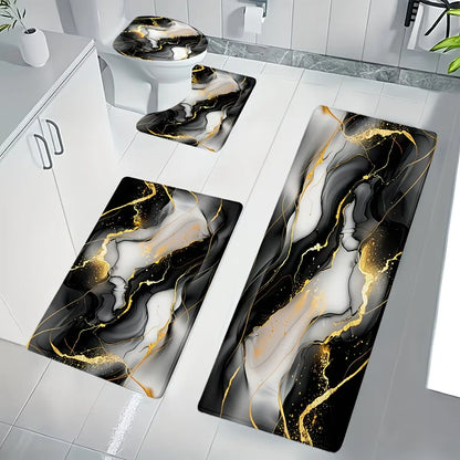 [Bathroom Mat Set] 3pcs/4pcs Golden White Marble pattern printing Bathroom Mat Set |   U-shaped Toilet Seat Cover non-slip laundry room mat living space