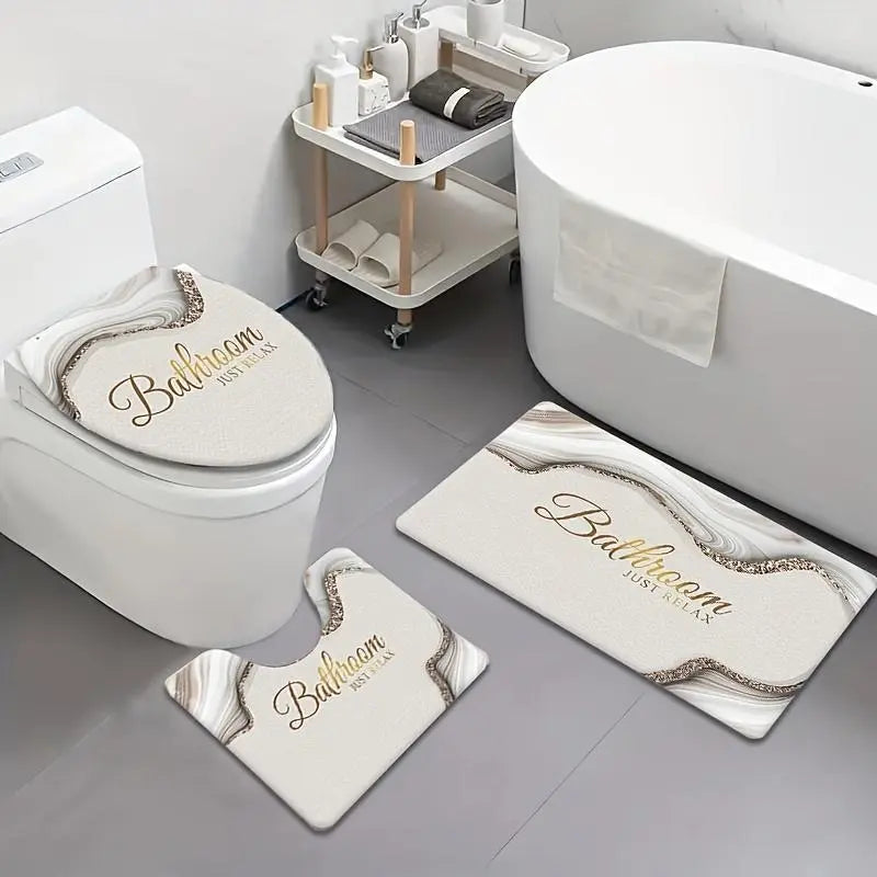 [Bathroom Mat Set] 3pcs/4pcs Golden White Marble pattern printing Bathroom Mat Set |   U-shaped Toilet Seat Cover non-slip laundry room mat living space