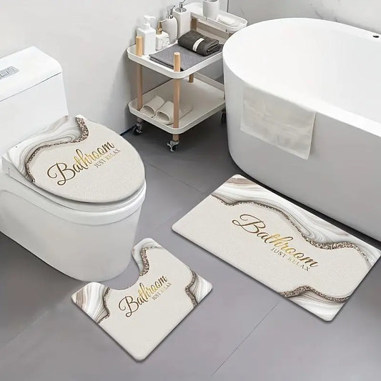 [Bathroom Mat Set] 3pcs/4pcs Golden White Marble pattern printing Bathroom Mat Set |   U-shaped Toilet Seat Cover non-slip laundry room mat living space
