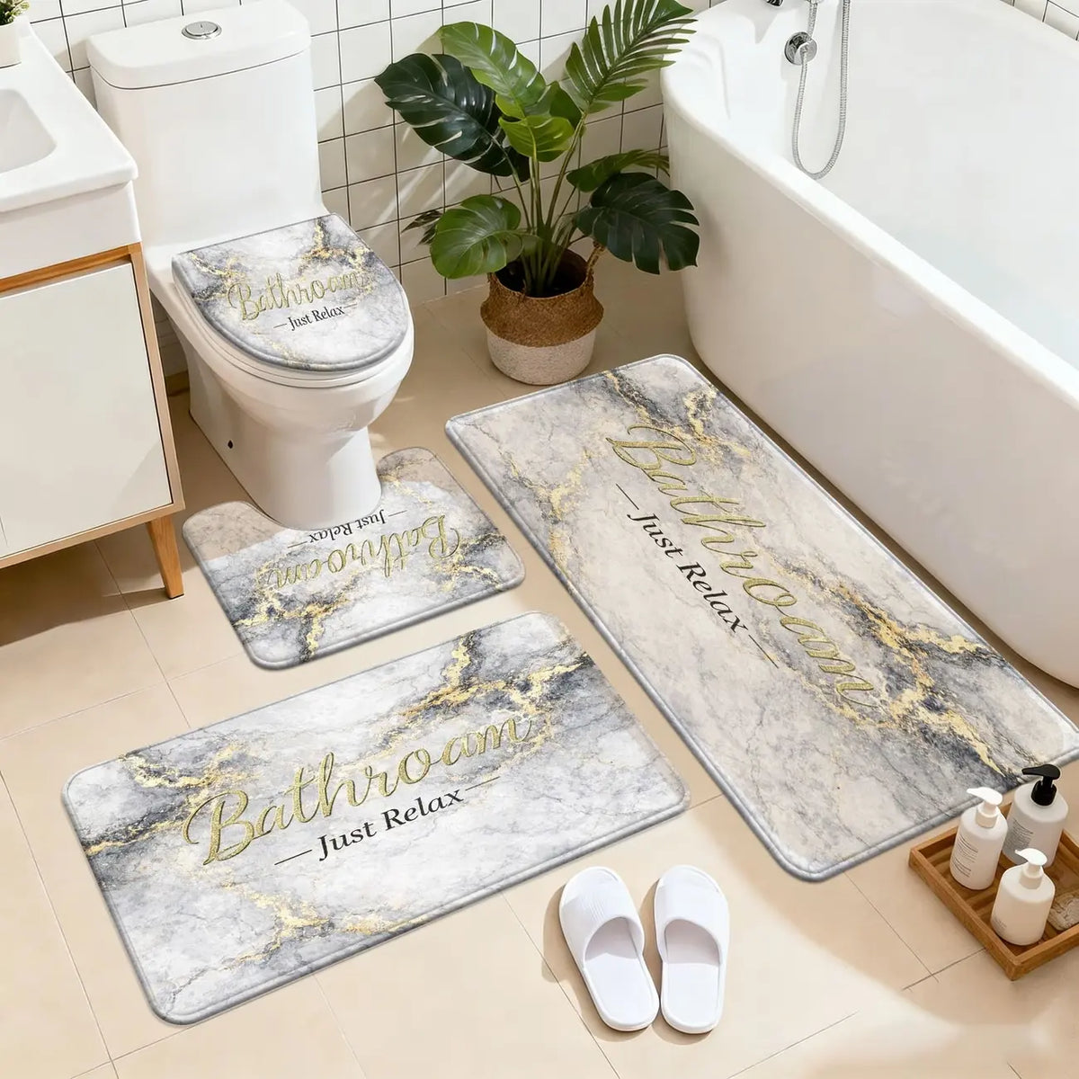 [Bathroom Mat Set] 3pcs/4pcs Golden White Marble pattern printing Bathroom Mat Set |   U-shaped Toilet Seat Cover non-slip laundry room mat living space