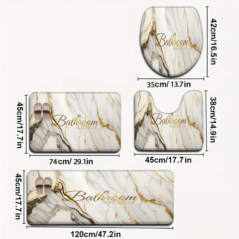 [Bathroom Mat Set] 3pcs/4pcs Golden White Marble pattern printing Bathroom Mat Set |   U-shaped Toilet Seat Cover non-slip laundry room mat living space